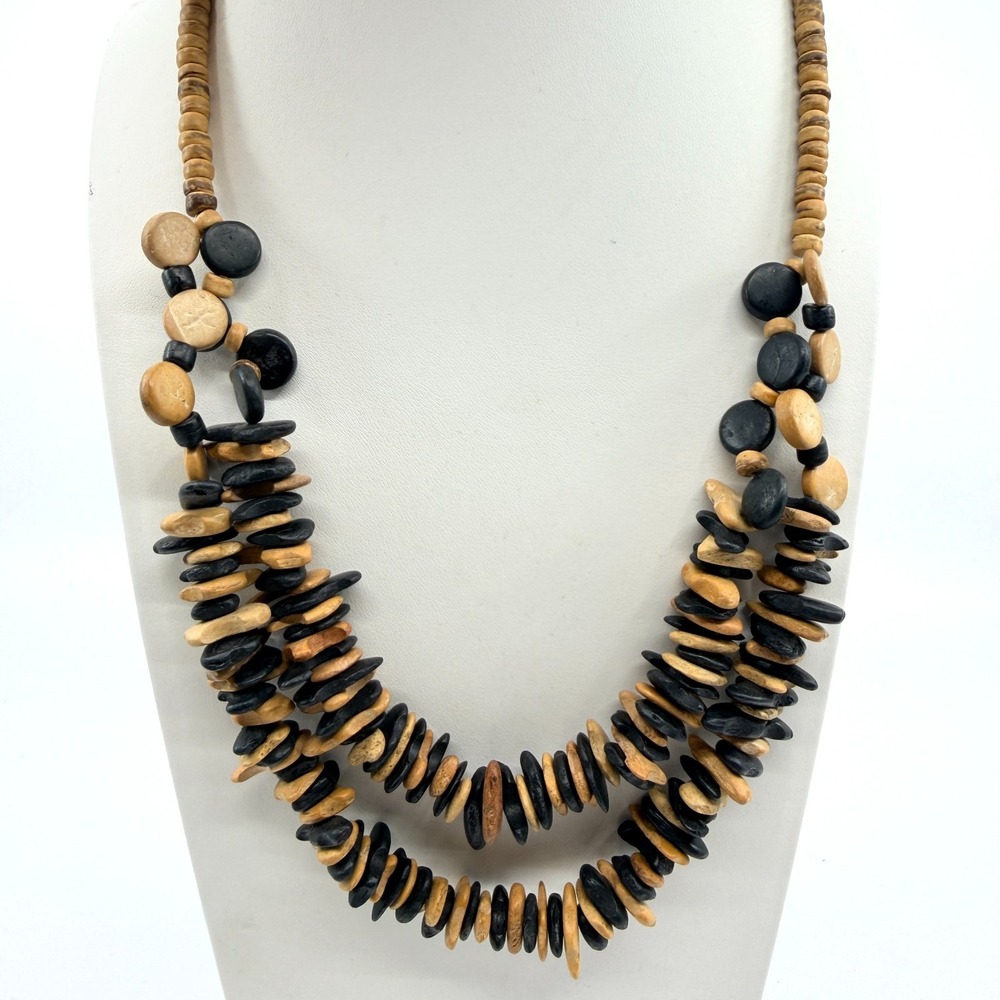 VTG Boho Multi Strand Chunky Wood Bead Necklace Black Brown Layered Statement